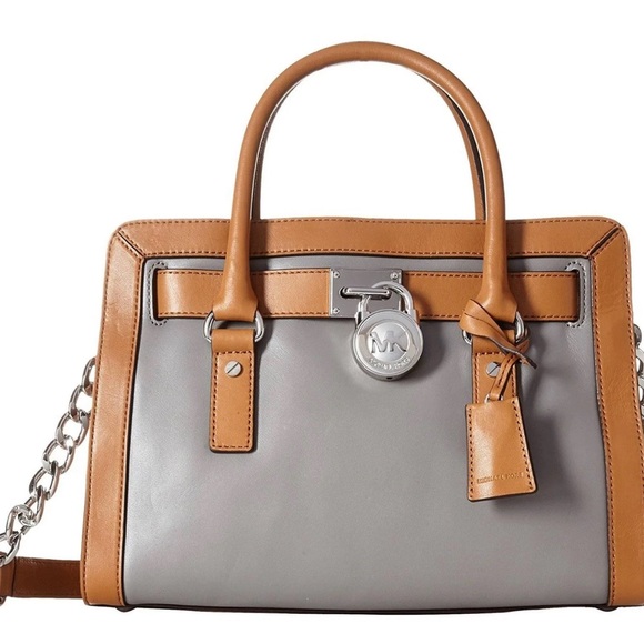 Michael Kors Hamilton Frame Out Steel Gray Acorn Leather Satchel Bag - Picture 15 of 15